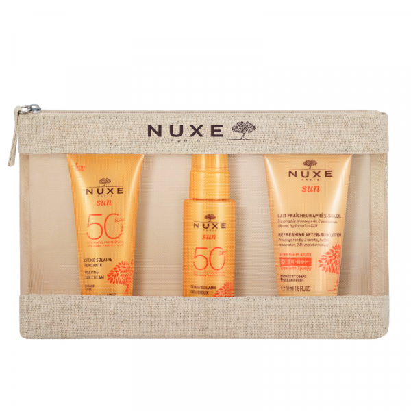 Kit de Viaje 'Los Esenciales de Alta Protección' de NUXE Sun, incluyendo leche y spray solar y after-sun, en neceser de tela, perfecto para el cuidado en vacacione
