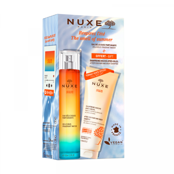 Promoción Sensifarma Kit Respira el Verano de NUXE Sun con Agua Deliciosa Perfumada y regalo de Champú de Ducha After-Sun