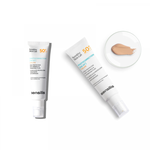 Fluido con muy alta protección 50+ hidratante y antiarrugas con color de la marca Sensilis, que protege de los rayos UVA, UVB y de la luz azul a las pieles con signos de envejecimiento y falta de hidratación.