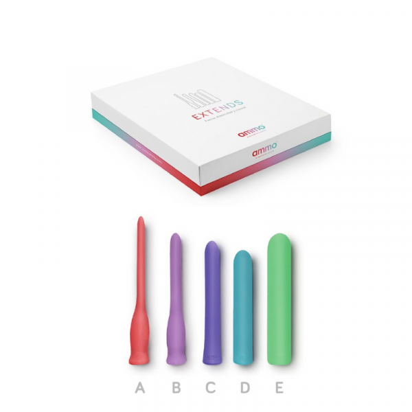 Pack de 5 dilatadores vaginales de la marca Ammo London. Los Extends son dilatadores vaginales , los únicos con capacidad transmisora de vibración de terapia progresiva utilizando el FIT. Son dispositivos que tienen forma de tubo y que se utilizan para estirar la vagina.