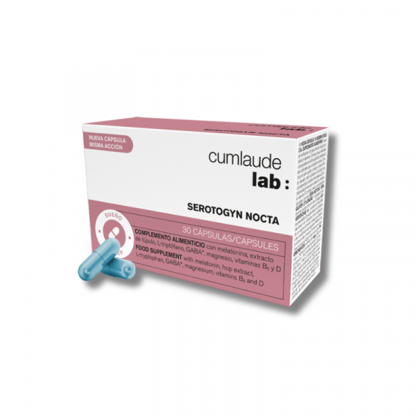 Serotogyn Nocta Complemento alimenticio con melatonina, extracto de lúpulo, L-triptófano, GABA, magnesio, vitaminas B6 y D.
