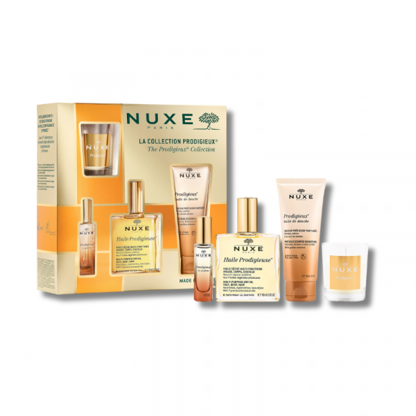 Cofre de Navidad Nuxe contiene: Huile Prodigieuse 100ml + Prodigieux Aceite de ducha 100ml + Prodigieux le parfum 15ml + Prodigieux® + Vela 70g