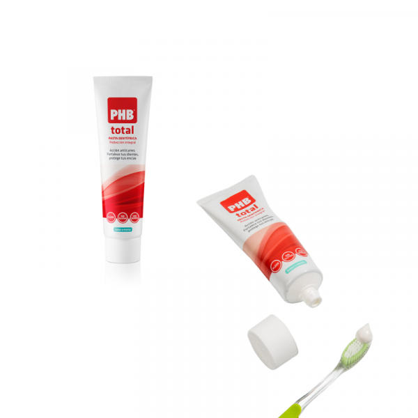 Cuidado total de dientes y encías y con acción anticaries La pasta PHB Total gracias a su formulación ofrece una protección integral de dientes y encías protegiendo contra la caries y reforzando el esmalte y la dentina. Gracias a su bajo nivel de abrasividad puede usarse diariamente.