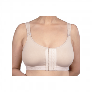 Sujetador Mamoplastia Compresivo con corchetes Crisvi de algodón y lycra. Copa preformada (sin costuras) montada sobre un cuerpo que cubre la espalda a modo camiseta. Cómodos tirantes regulables. Triple fila de corchetes delantera. Bolsillo que permite la colocación de una prótesis externa. Marca: Crisvi