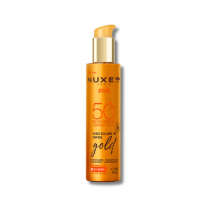 Aceite Bronceador Gold SPF50 Nuxe Rostro y Cuerpo garantiza una protección de amplio espectro frente a los UVA/UVB y a la luz azul ,previene la aparición de manchas. Resistente al agua y no comedogénica, Protege, Sublima, Ilumina