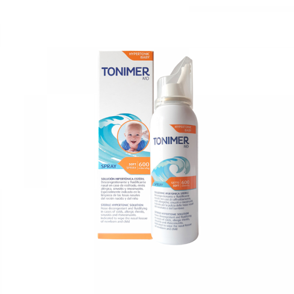 Agua de mar Tonimer MD Spray Bebe Hipertónico, fluidifica el moco y descongestiona la mucosa nasal. Indicado para limpiar las fosas nasales de recién nacidos y niños hasta los tres años durante los resfriados y particularmente para descongestionar las mucosas en las etapas agudas de rinitis alérgica, sinusitis y rinosinusitis