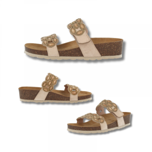 Sandalias cómodas modelo Aura en color nude con pedrería, con platilla anatómica, suela de corcho ligera. Calzado ortopédico de descanso.