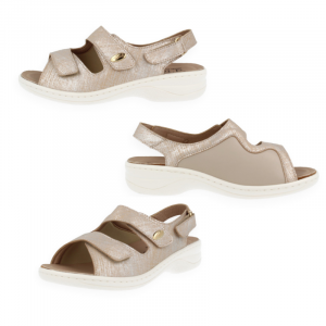 Calzado cómodo de mujer modelo Julia en color beige, de piel y licra elastica, apto para plantillas a medida, costuras internas protegidas