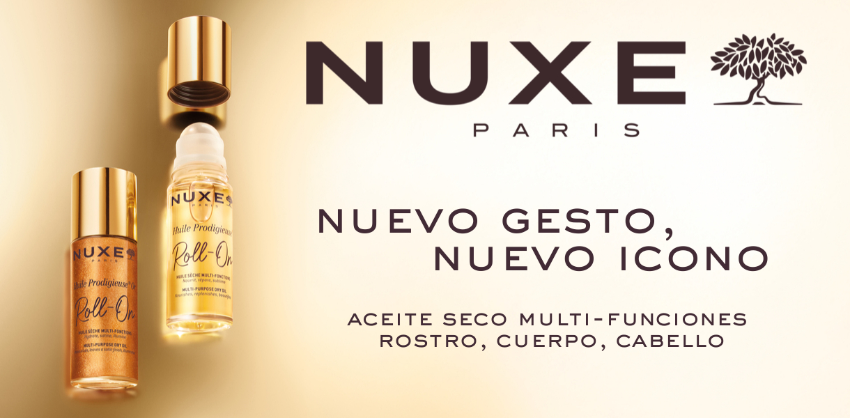 Banner de nuevo aceite hidratante de cabello, rostro y cuerpo de Nuxe, en su nuevo formato roll on