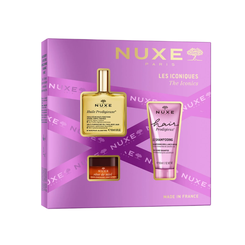 Cofre de navidad nuxe contiene: Aceite Huile Prodigieuse® 50 ml - Champú Brillo Sublime Hair Prodigieux® 50 ml - Bálsamo Labial con Miel Rêve de Miel - Ultra-Nutritivo y Reparador 15 g