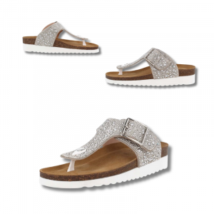 Sandalias muy cómodas para pies anchos, delicados, con juanetes. En color plata con pedrería.