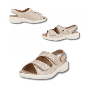 Sandalias de verano cómodas, color champagne, indicada para personas con el pie ancho por juanetes, delicados, deformidades en los dedos, dolores, mala circulación.