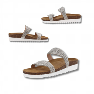 Sandalias de verano, muy cómodo, con pedrería plata, planta anatómica acolchada.