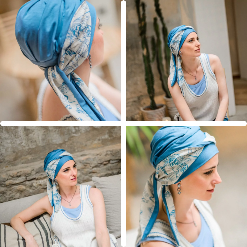 El Smooth Selvatik azulón combina elegancia natural y versatilidad en un diseño pensado para tu comodidad diaria. Su base en azulón profundo aporta sofisticación, mientras que el estampado Selvatik —de inspiración botánica en estilo ilustración lineal— crea un efecto delicado, artístico y muy favorecedor. Es ideal para mujeres con alopecia o en tratamiento oncológico que buscan estilo sin complicaciones.